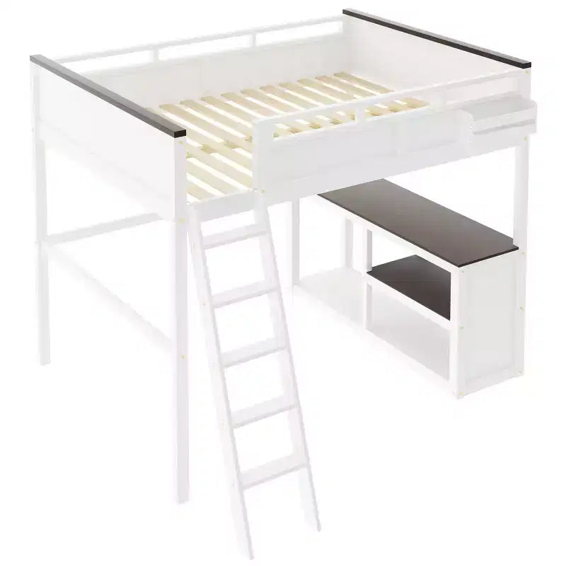 Queen Size Loft Bed with Built-in Desk and Shelves, Space-Saving Wooden Loft Bed Frame with Storage Box and USB, White