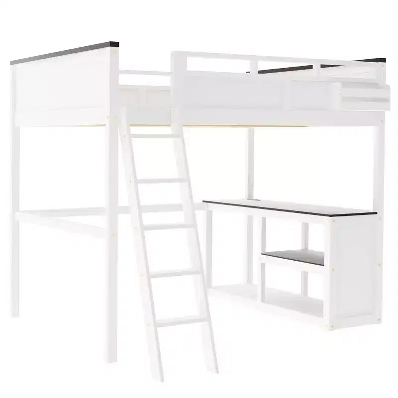 Queen Size Loft Bed with Built-in Desk and Shelves, Space-Saving Wooden Loft Bed Frame with Storage Box and USB, White