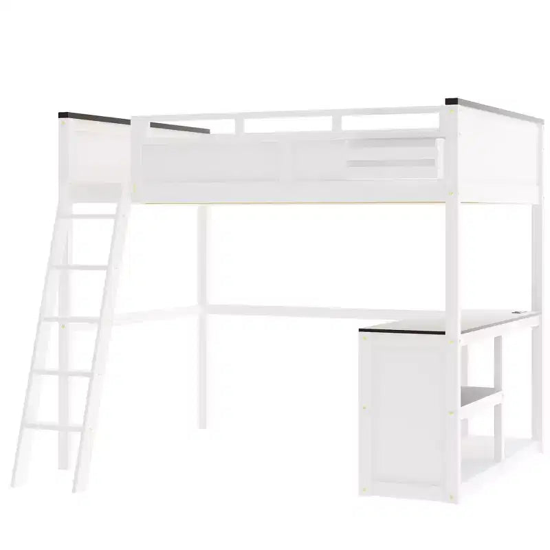 Queen Size Loft Bed with Built-in Desk and Shelves, Space-Saving Wooden Loft Bed Frame with Storage Box and USB, White