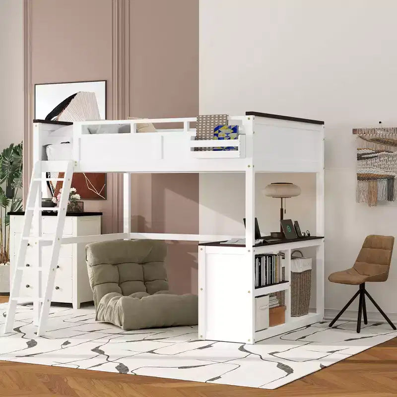 Queen Size Loft Bed with Built-in Desk and Shelves, Space-Saving Wooden Loft Bed Frame with Storage Box and USB, White