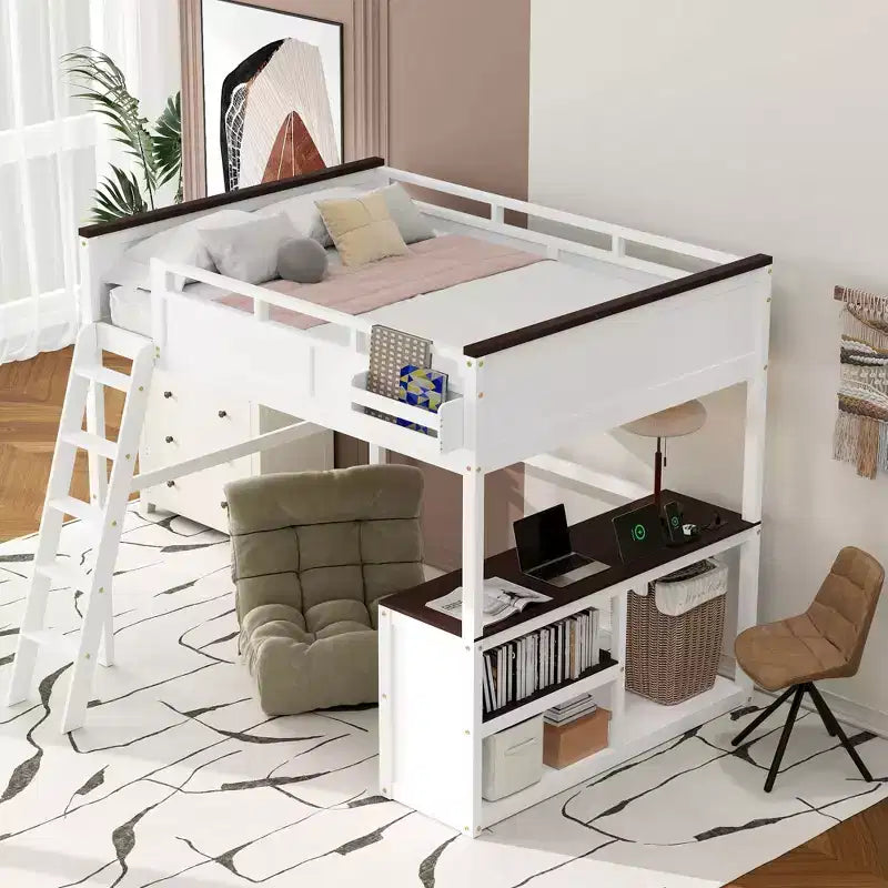 Queen Size Loft Bed with Built-in Desk and Shelves, Space-Saving Wooden Loft Bed Frame with Storage Box and USB, White