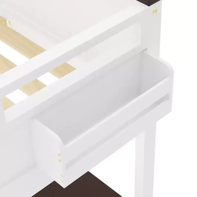 Queen Size Loft Bed with Built-in Desk and Shelves, Space-Saving Wooden Loft Bed Frame with Storage Box and USB, White