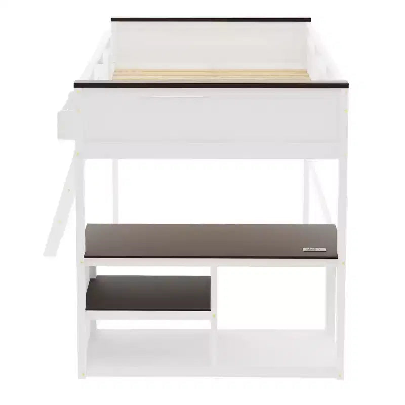 Queen Size Loft Bed with Built-in Desk and Shelves, Space-Saving Wooden Loft Bed Frame with Storage Box and USB, White