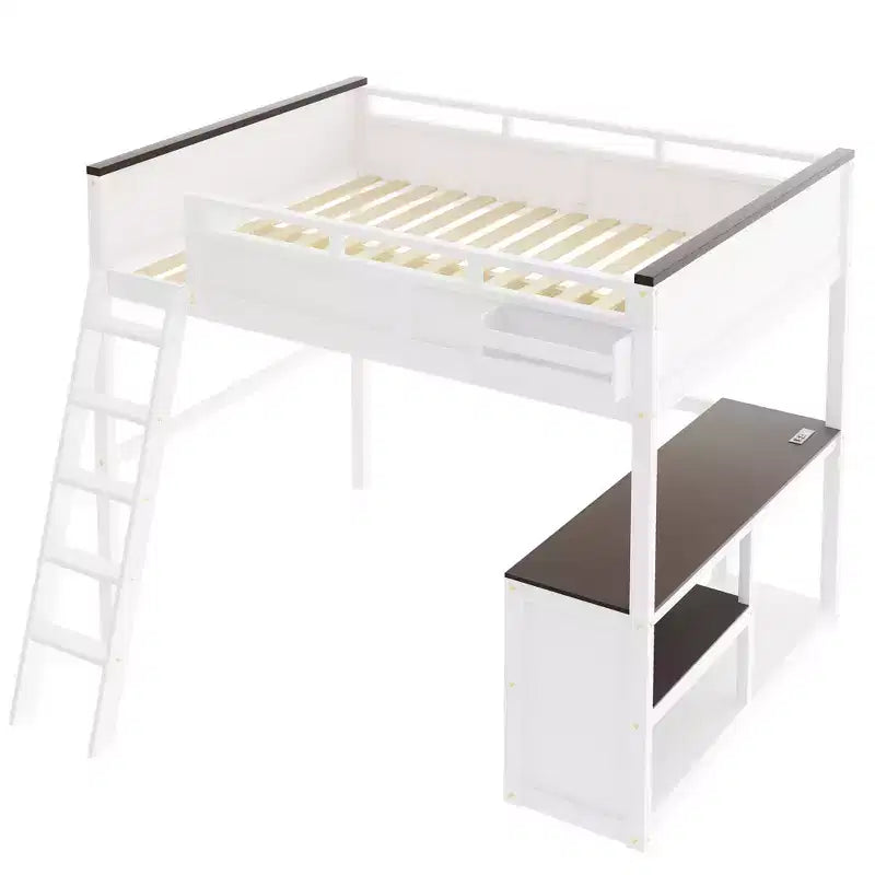 Queen Size Loft Bed with Built-in Desk and Shelves, Space-Saving Wooden Loft Bed Frame with Storage Box and USB, White