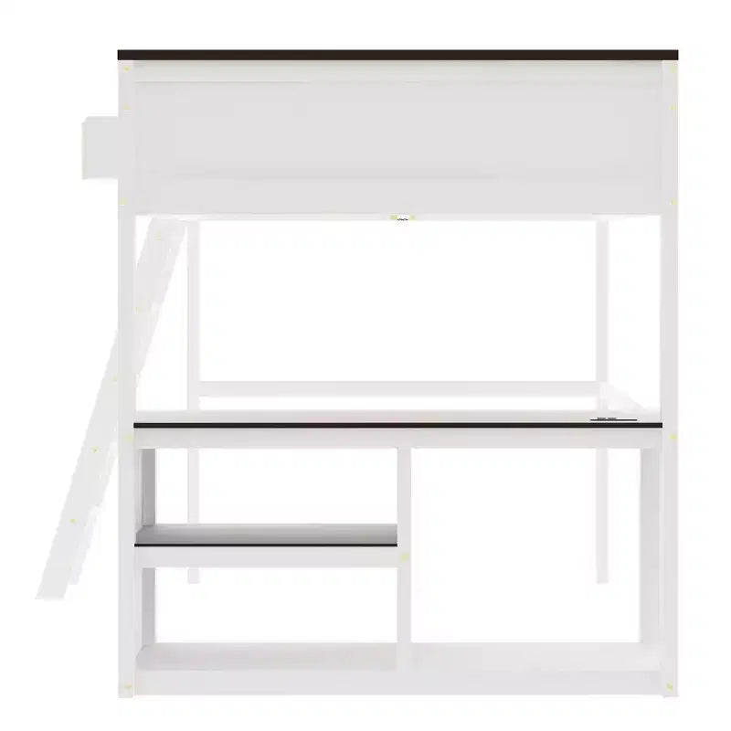 Queen Size Loft Bed with Built-in Desk and Shelves, Space-Saving Wooden Loft Bed Frame with Storage Box and USB, White