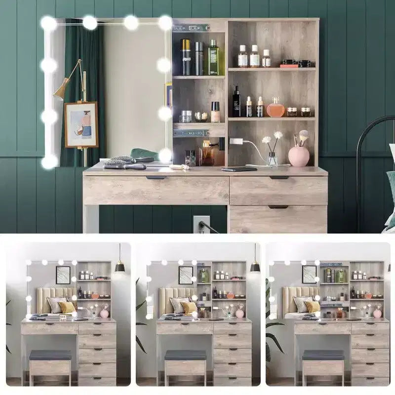 Gray Particle Board Melamine-Laminated 6-Drawer 2-Shelf Dressing Table Set
