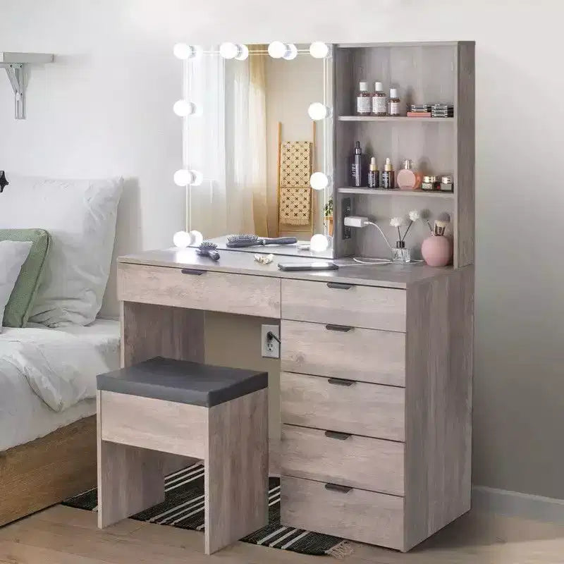 Gray Particle Board Melamine-Laminated 6-Drawer 2-Shelf Dressing Table Set