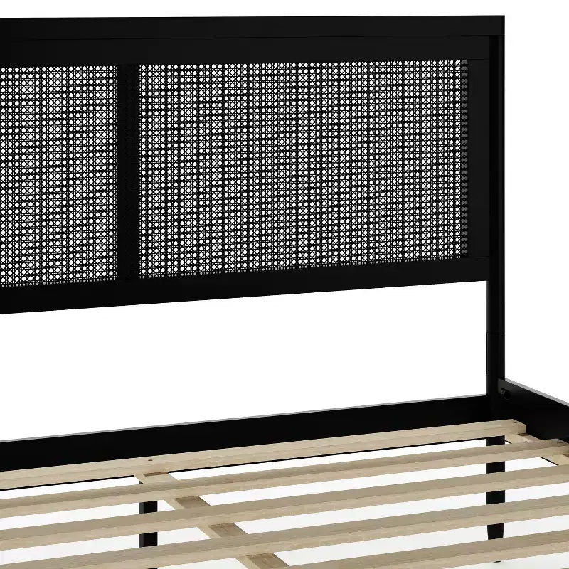 Martha Stewart Jax Solid Wood Platform Bed with Rattan Headboard and Footboard, No Box Spring Required