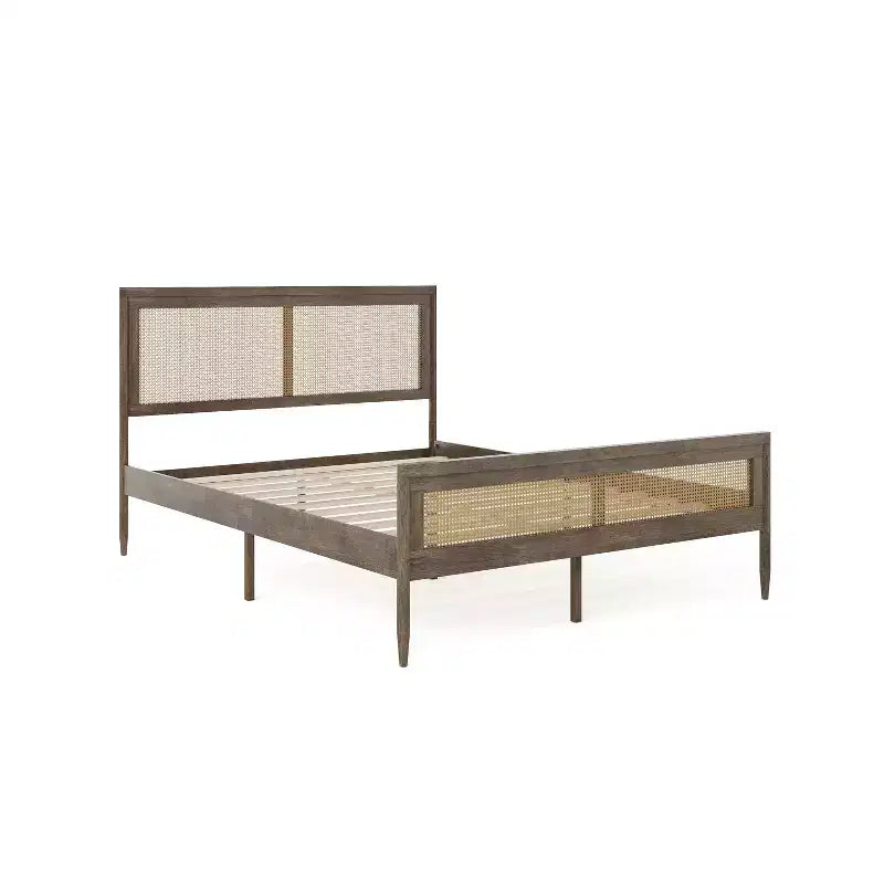 Martha Stewart Jax Solid Wood Platform Bed with Rattan Headboard and Footboard, No Box Spring Required