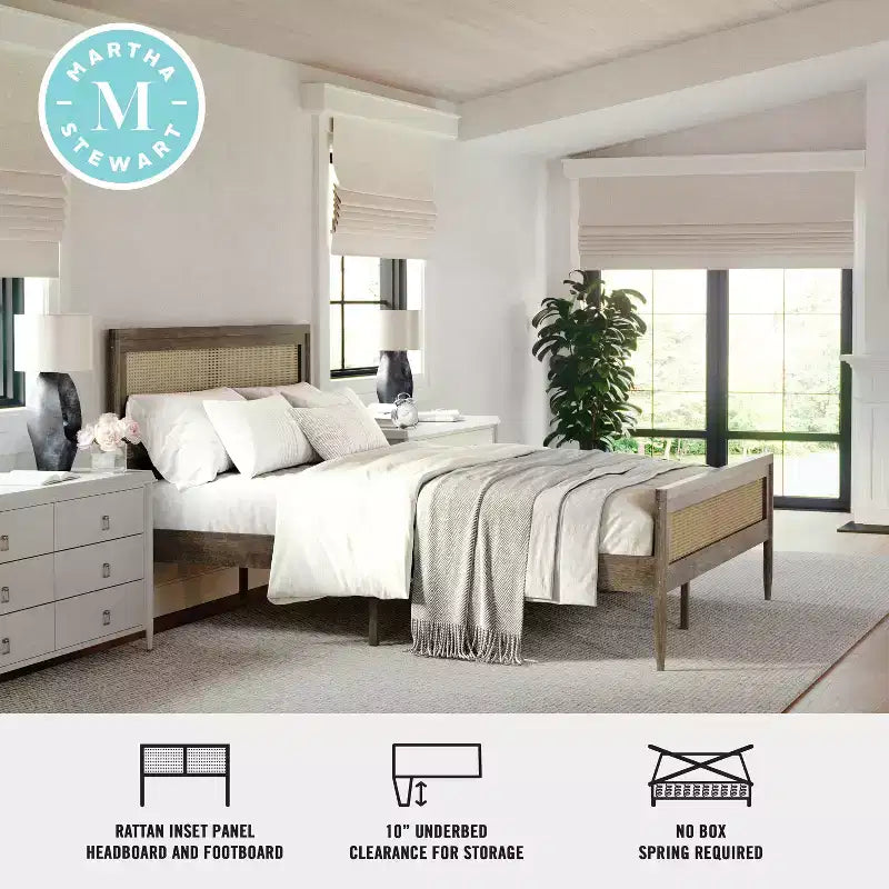 Martha Stewart Jax Solid Wood Platform Bed with Rattan Headboard and Footboard, No Box Spring Required