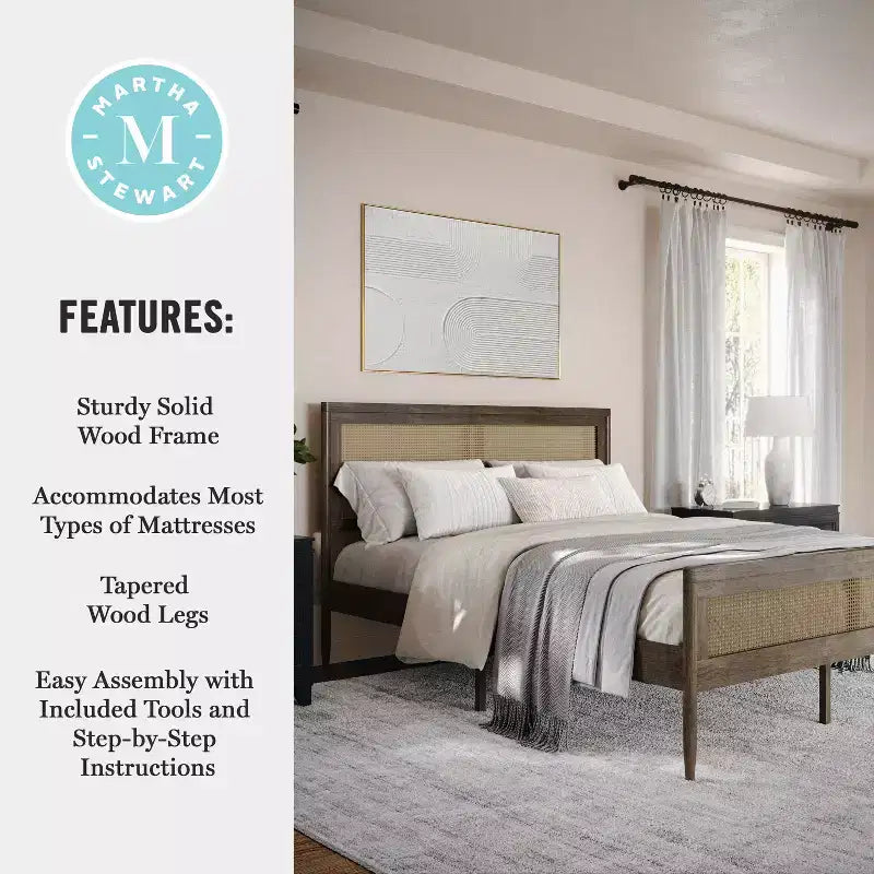 Martha Stewart Jax Solid Wood Platform Bed with Rattan Headboard and Footboard, No Box Spring Required