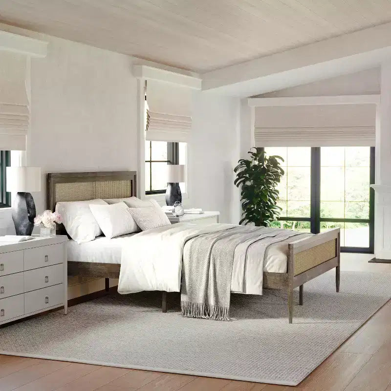 Martha Stewart Jax Solid Wood Platform Bed with Rattan Headboard and Footboard, No Box Spring Required