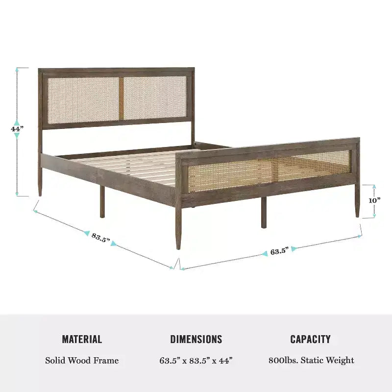 Martha Stewart Jax Solid Wood Platform Bed with Rattan Headboard and Footboard, No Box Spring Required