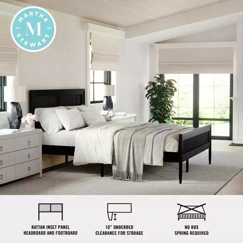 Martha Stewart Jax Solid Wood Platform Bed with Rattan Headboard and Footboard, No Box Spring Required