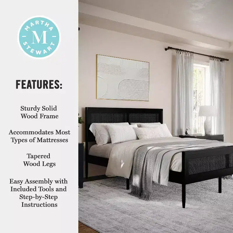 Martha Stewart Jax Solid Wood Platform Bed with Rattan Headboard and Footboard, No Box Spring Required