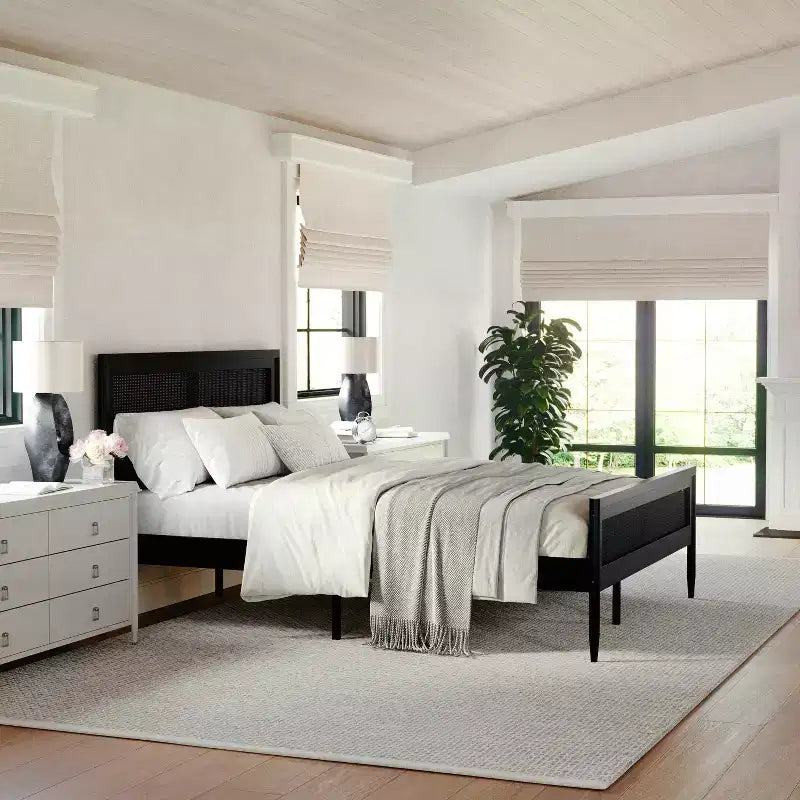 Martha Stewart Jax Solid Wood Platform Bed with Rattan Headboard and Footboard, No Box Spring Required