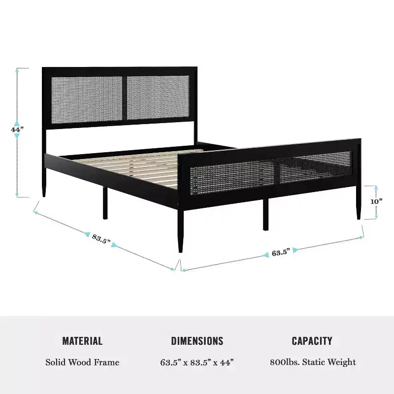 Martha Stewart Jax Solid Wood Platform Bed with Rattan Headboard and Footboard, No Box Spring Required