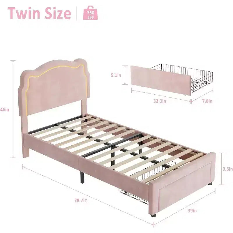 Smart LED Twin Bed - Adjustable Headboard, Velvet Upholstered Platform, No Box Spring, Wood Slats