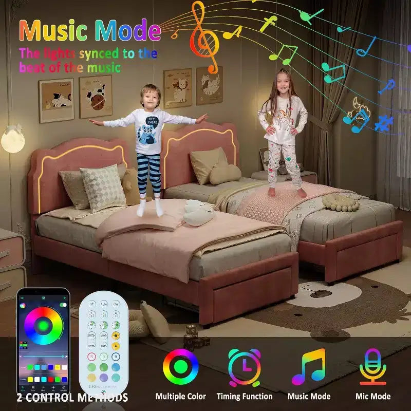 Smart LED Twin Bed - Adjustable Headboard, Velvet Upholstered Platform, No Box Spring, Wood Slats