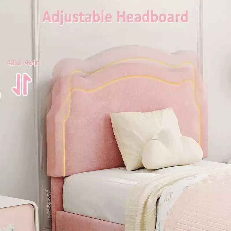 Smart LED Twin Bed - Adjustable Headboard, Velvet Upholstered Platform, No Box Spring, Wood Slats
