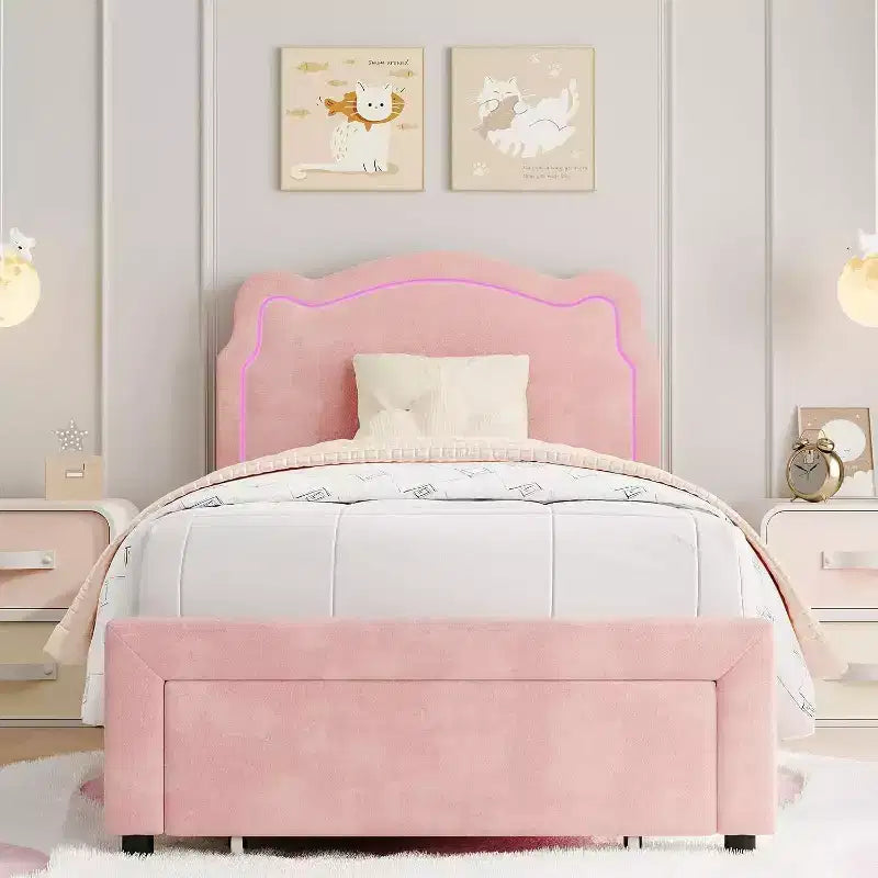 Smart LED Twin Bed - Adjustable Headboard, Velvet Upholstered Platform, No Box Spring, Wood Slats
