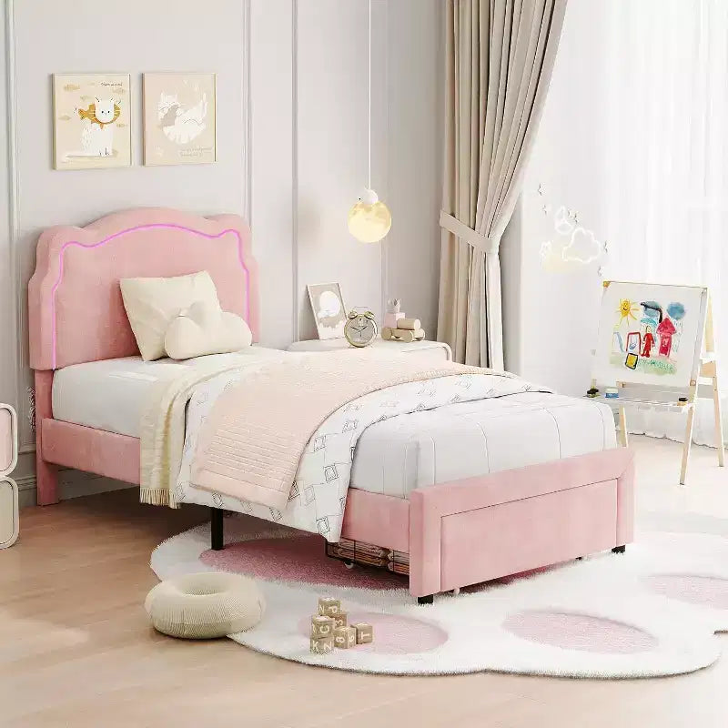 Smart LED Twin Bed - Adjustable Headboard, Velvet Upholstered Platform, No Box Spring, Wood Slats