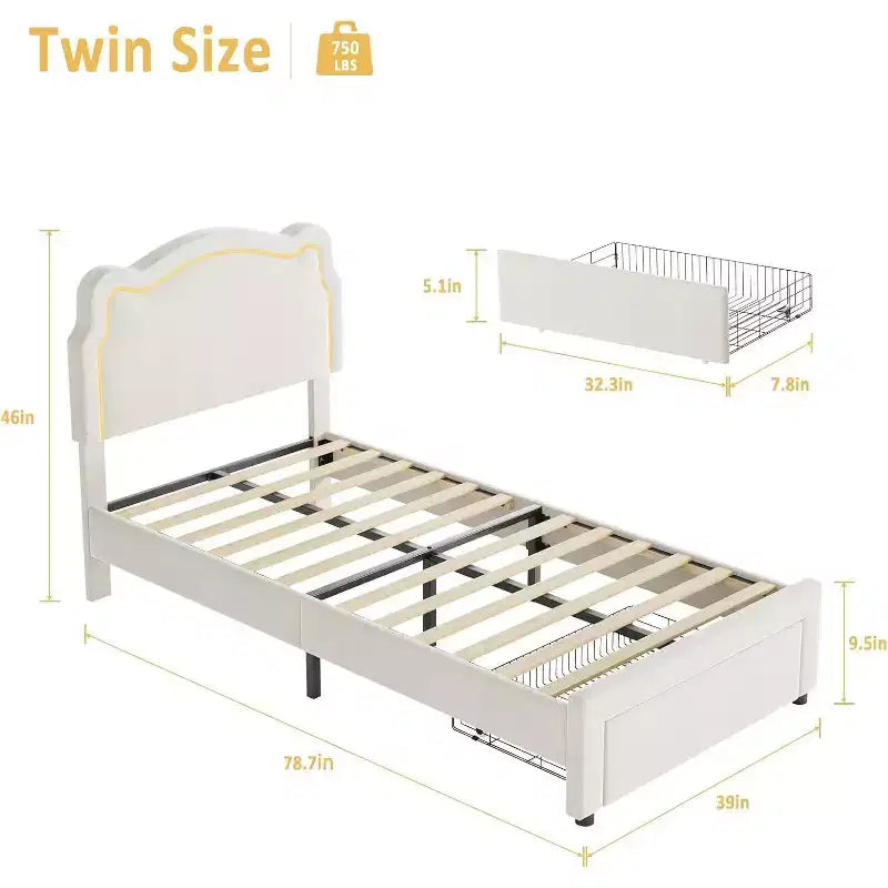 Smart LED Twin Bed - Adjustable Headboard, Velvet Upholstered Platform, No Box Spring, Wood Slats