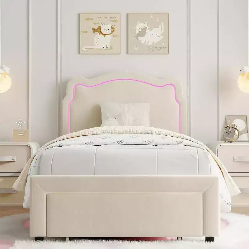 Smart LED Twin Bed - Adjustable Headboard, Velvet Upholstered Platform, No Box Spring, Wood Slats