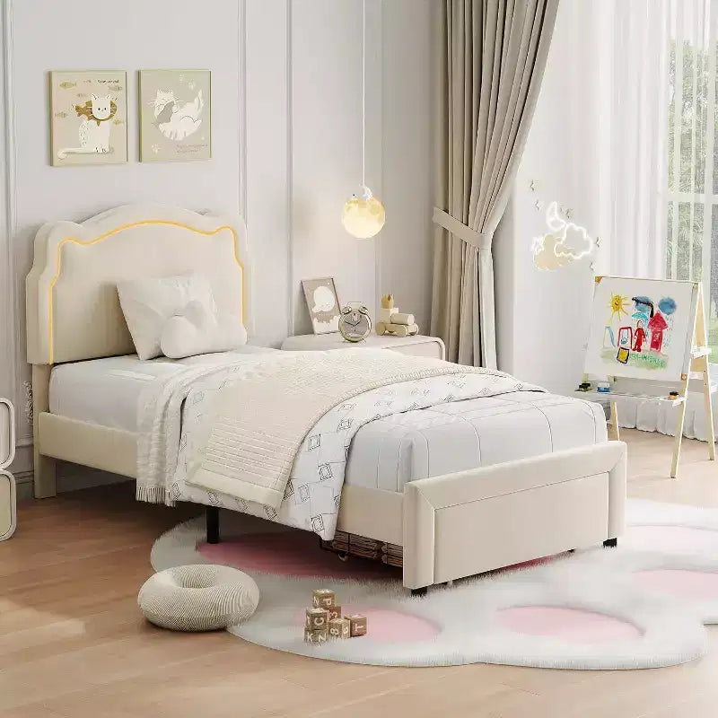 Smart LED Twin Bed - Adjustable Headboard, Velvet Upholstered Platform, No Box Spring, Wood Slats