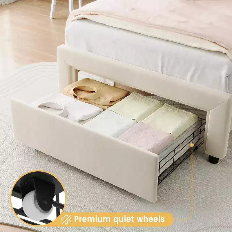Smart LED Twin Bed - Adjustable Headboard, Velvet Upholstered Platform, No Box Spring, Wood Slats