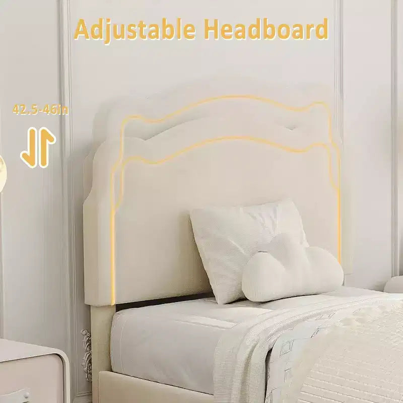 Smart LED Twin Bed - Adjustable Headboard, Velvet Upholstered Platform, No Box Spring, Wood Slats