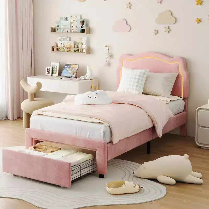 Smart LED Twin Bed - Adjustable Headboard, Velvet Upholstered Platform, No Box Spring, Wood Slats