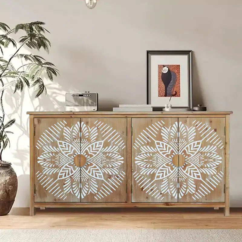 Okak 60in Antique Accent Cabinet, Rustic Wood Sideboard Cabinet with Four Carved Patterns Doors, Storage Cabinet for Kitchen, Dining Room