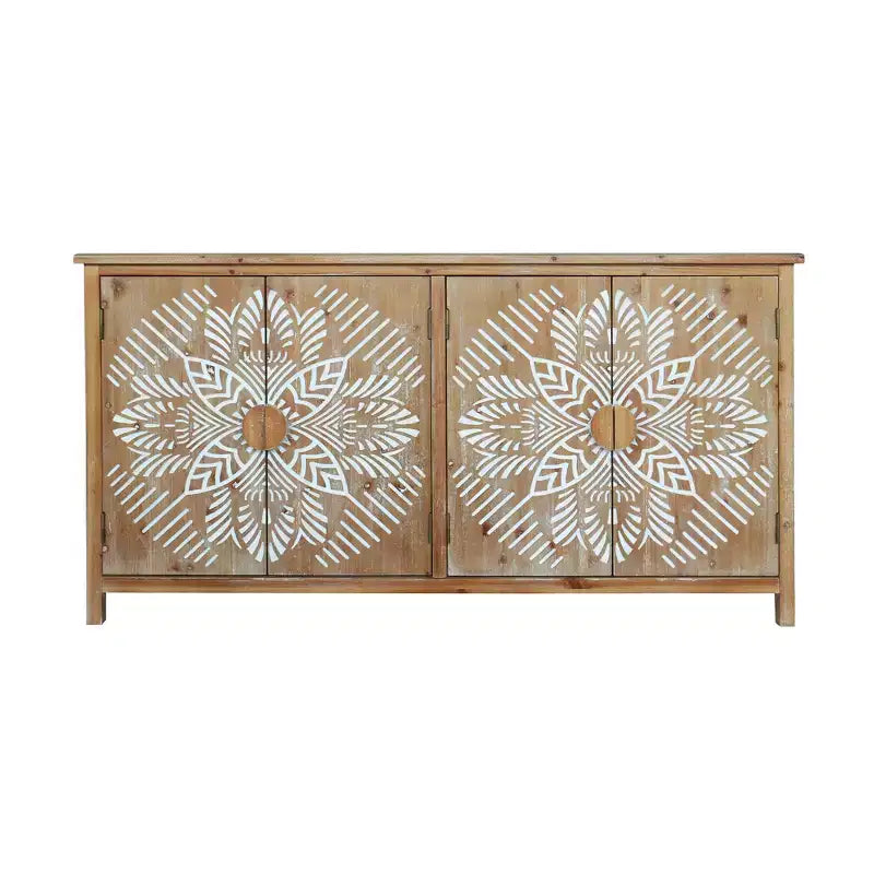 Okak 60in Antique Accent Cabinet, Rustic Wood Sideboard Cabinet with Four Carved Patterns Doors, Storage Cabinet for Kitchen, Dining Room