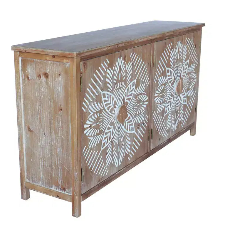Okak 60in Antique Accent Cabinet, Rustic Wood Sideboard Cabinet with Four Carved Patterns Doors, Storage Cabinet for Kitchen, Dining Room