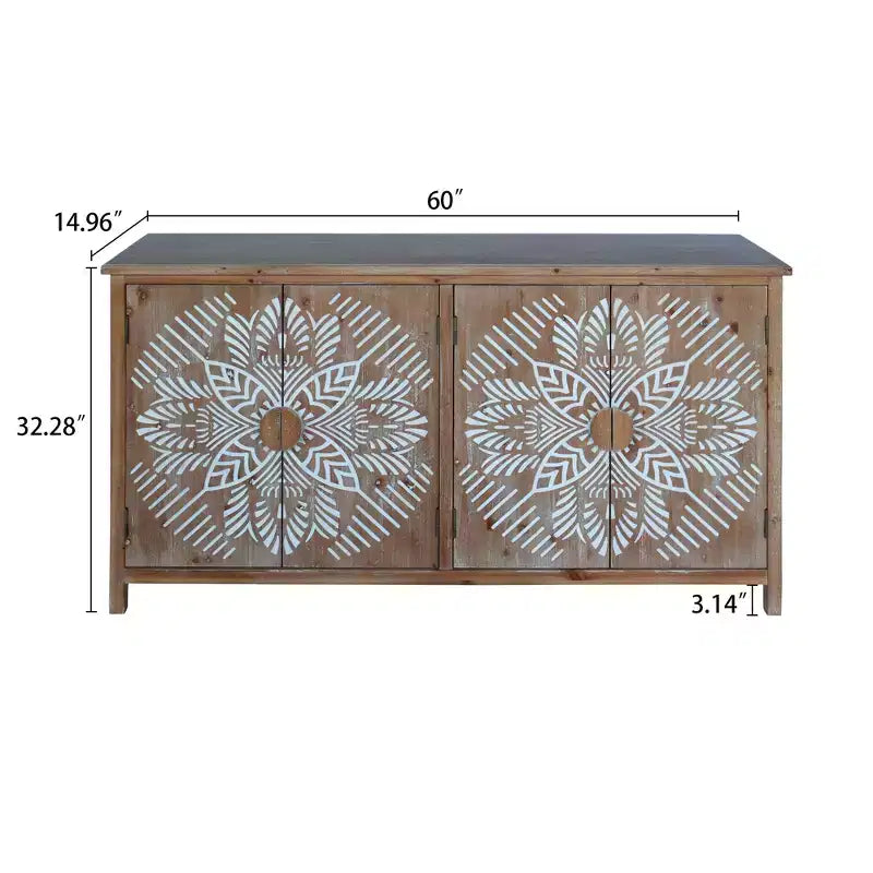 Okak 60in Antique Accent Cabinet, Rustic Wood Sideboard Cabinet with Four Carved Patterns Doors, Storage Cabinet for Kitchen, Dining Room