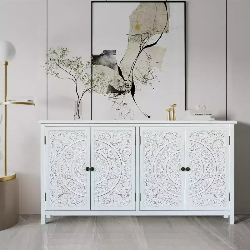 Okak 60in Antique Accent Cabinet, Rustic Wood Sideboard Cabinet with Four Carved Patterns Doors, Storage Cabinet for Kitchen, Dining Room