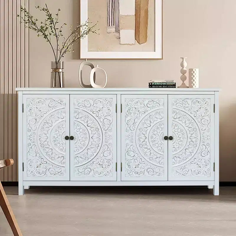 Okak 60in Antique Accent Cabinet, Rustic Wood Sideboard Cabinet with Four Carved Patterns Doors, Storage Cabinet for Kitchen, Dining Room