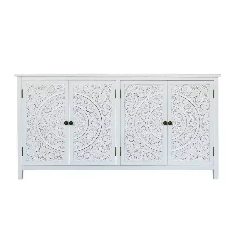 Okak 60in Antique Accent Cabinet, Rustic Wood Sideboard Cabinet with Four Carved Patterns Doors, Storage Cabinet for Kitchen, Dining Room