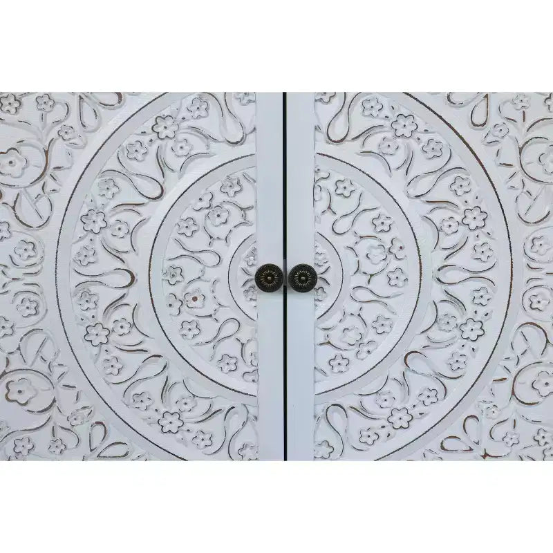 Okak 60in Antique Accent Cabinet, Rustic Wood Sideboard Cabinet with Four Carved Patterns Doors, Storage Cabinet for Kitchen, Dining Room