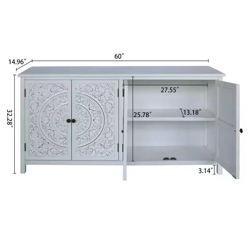 Okak 60in Antique Accent Cabinet, Rustic Wood Sideboard Cabinet with Four Carved Patterns Doors, Storage Cabinet for Kitchen, Dining Room