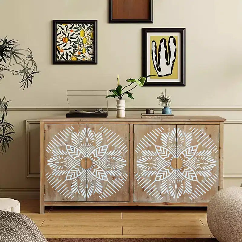 Okak 60in Antique Accent Cabinet, Rustic Wood Sideboard Cabinet with Four Carved Patterns Doors, Storage Cabinet for Kitchen, Dining Room