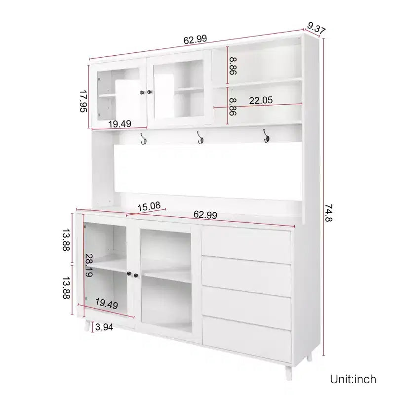 Okak 63in Pantry Cabinets, Freestanding Kitchen Cabinet with 4 Doors and 4 Drawers, Storage Cabinet for Living Room, Dining Room