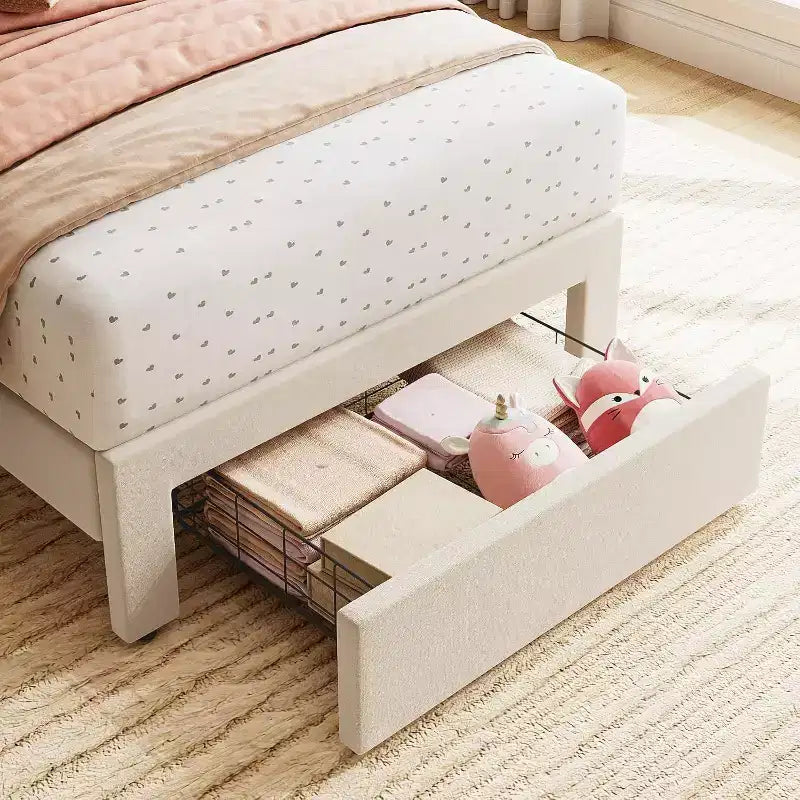 Beige Velvet Twin Bed Frame with Storage Drawer, Headboard, Slat Support, No Box Spring, Noise-Free, Easy Assembly