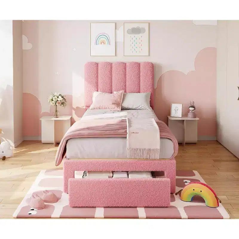 Beige Velvet Twin Bed Frame with Storage Drawer, Headboard, Slat Support, No Box Spring, Noise-Free, Easy Assembly