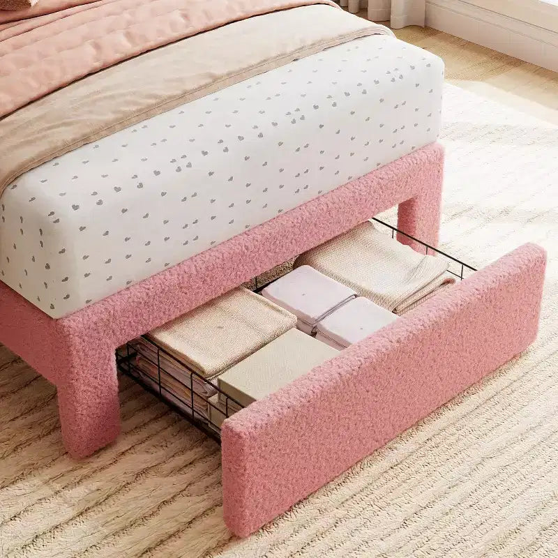 Beige Velvet Twin Bed Frame with Storage Drawer, Headboard, Slat Support, No Box Spring, Noise-Free, Easy Assembly