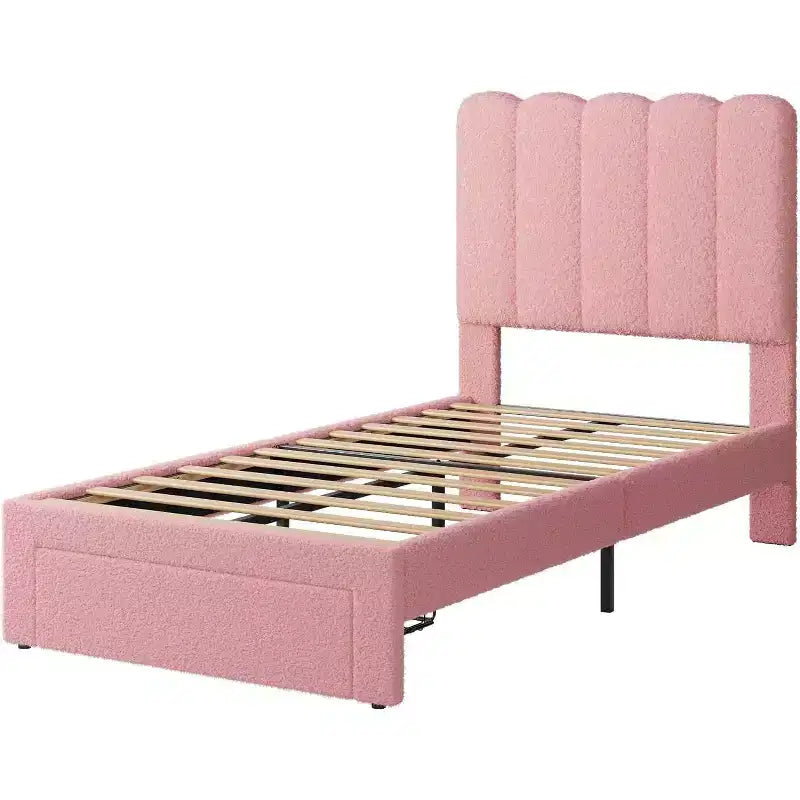 Beige Velvet Twin Bed Frame with Storage Drawer, Headboard, Slat Support, No Box Spring, Noise-Free, Easy Assembly