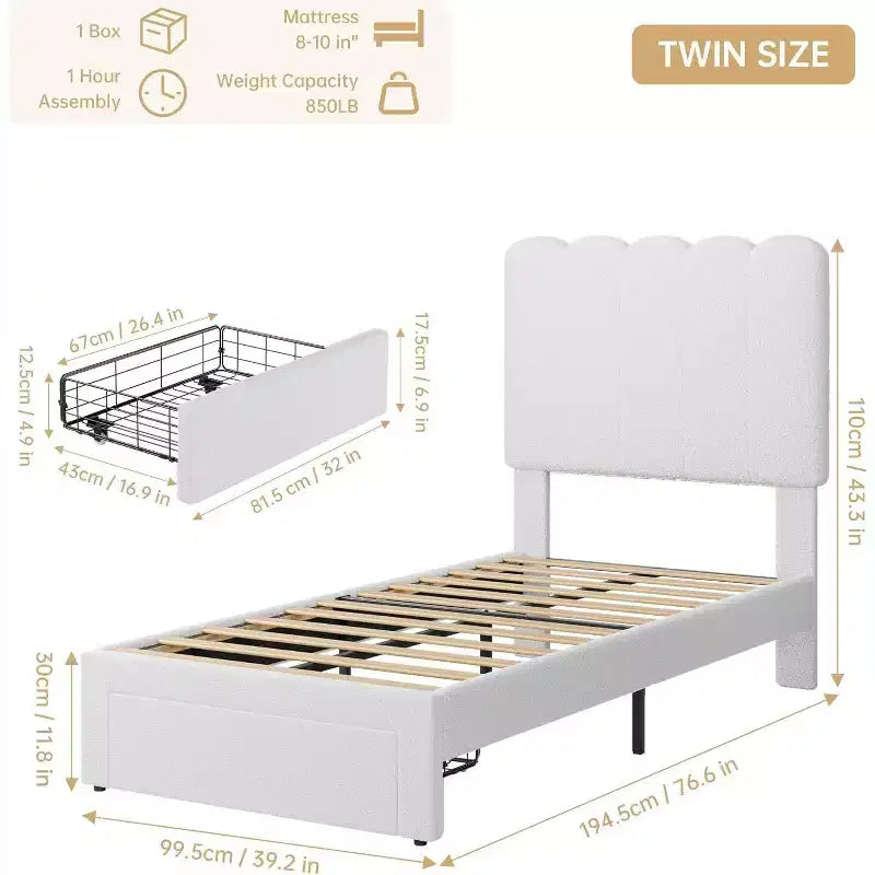 Beige Velvet Twin Bed Frame with Storage Drawer, Headboard, Slat Support, No Box Spring, Noise-Free, Easy Assembly