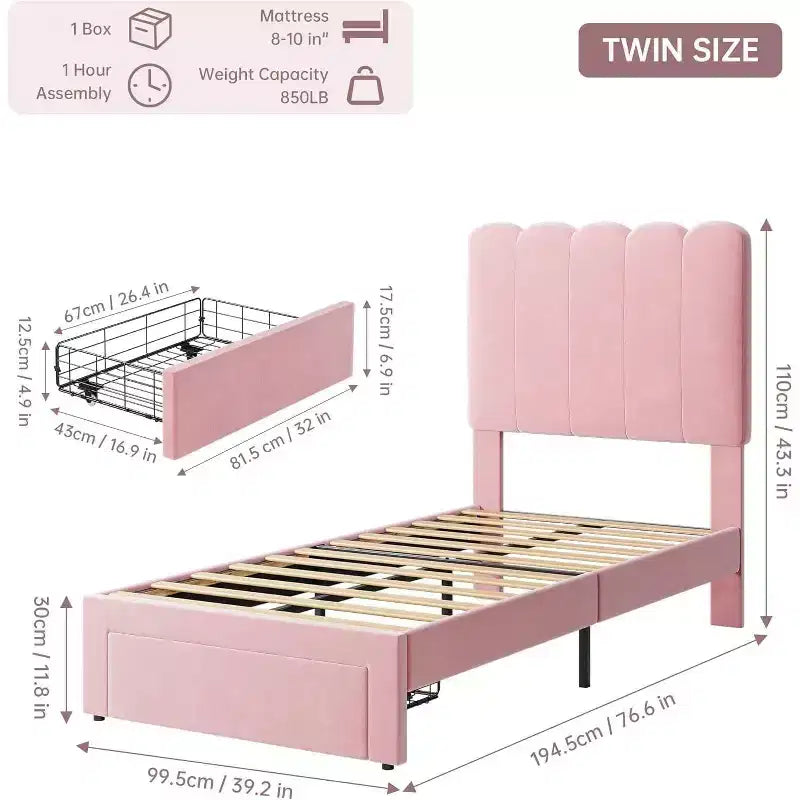 Beige Velvet Twin Bed Frame with Storage Drawer, Headboard, Slat Support, No Box Spring, Noise-Free, Easy Assembly