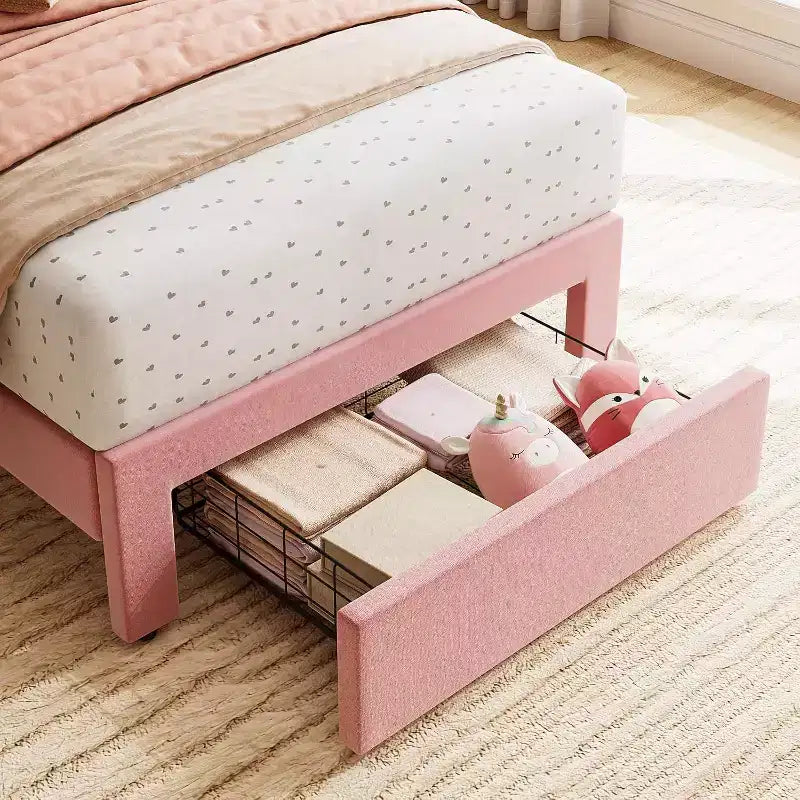 Beige Velvet Twin Bed Frame with Storage Drawer, Headboard, Slat Support, No Box Spring, Noise-Free, Easy Assembly